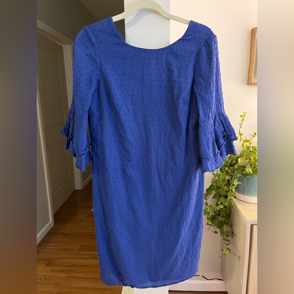 NINE WEST Royal Blue Swiss Dot Ruffle Sleeve 100% Cotton Midi Dress